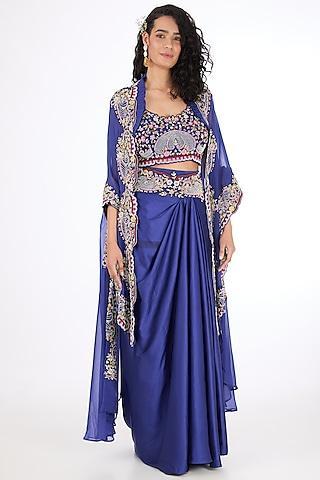 blue organza aari hand embroidered cape set