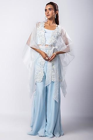 blue organza beads embellished cape set