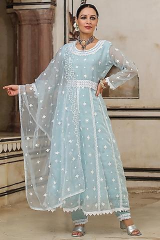 blue organza chikankari embroidered anarkali set