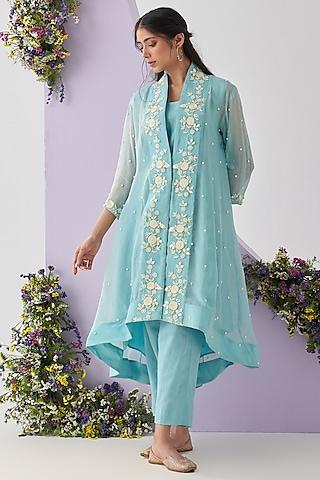 blue organza embroidered kurta set