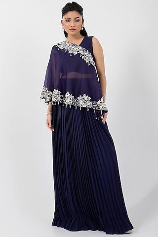 blue organza embroidered one-shoulder asymmetric cape set