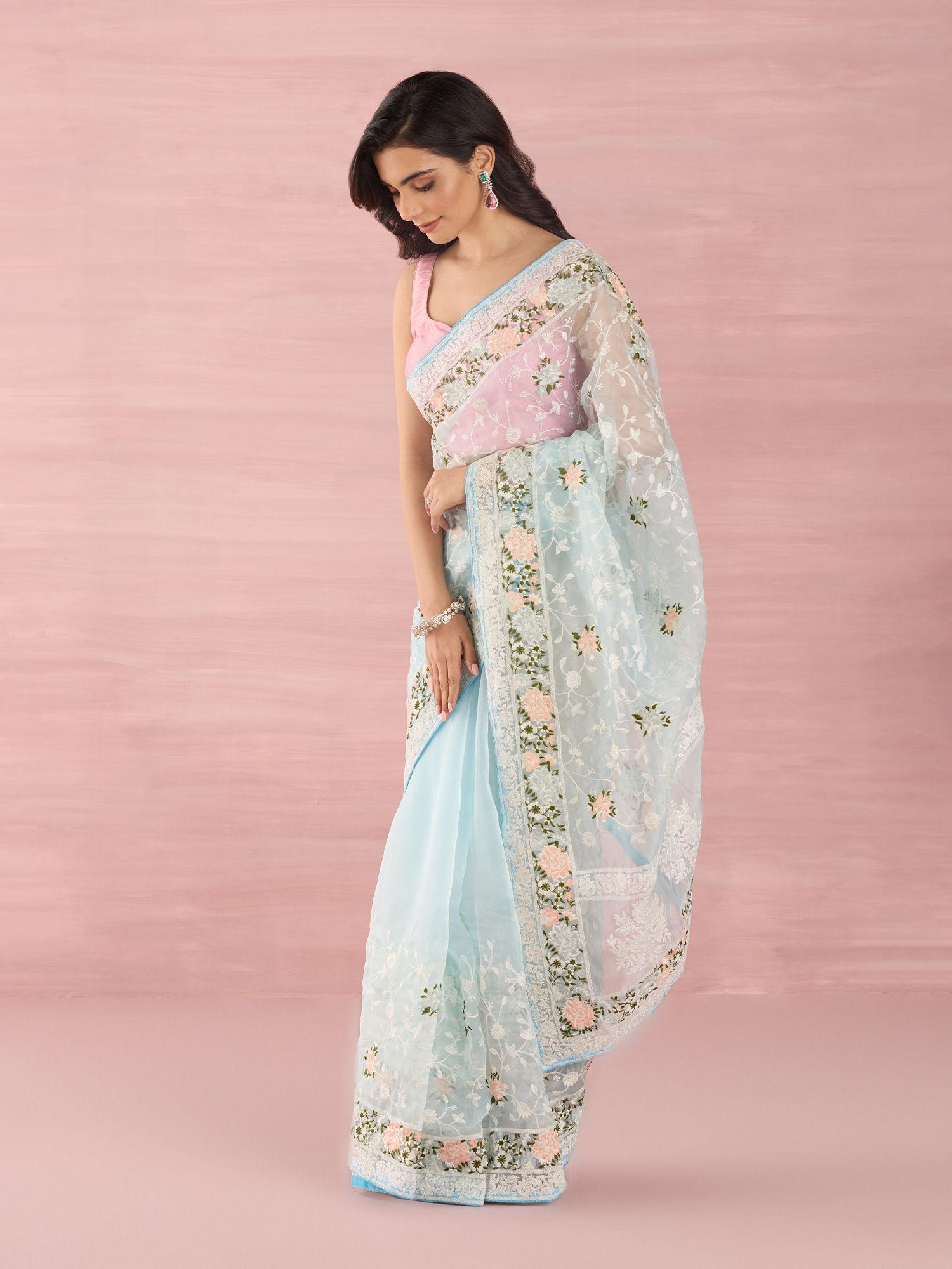 blue organza embroidered thread work saree with unstitched blouse