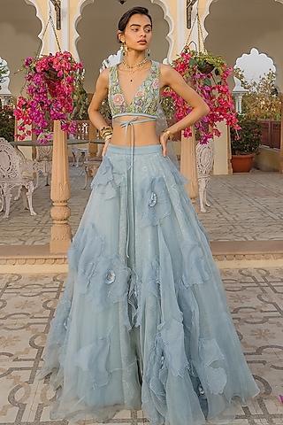 blue organza floral applique embroidered lehenga set