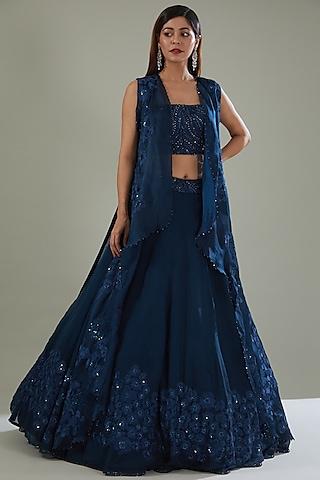 blue organza hand embroidered jacket lehenga set