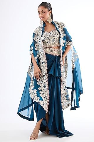 blue organza mirror work butterfly cape set