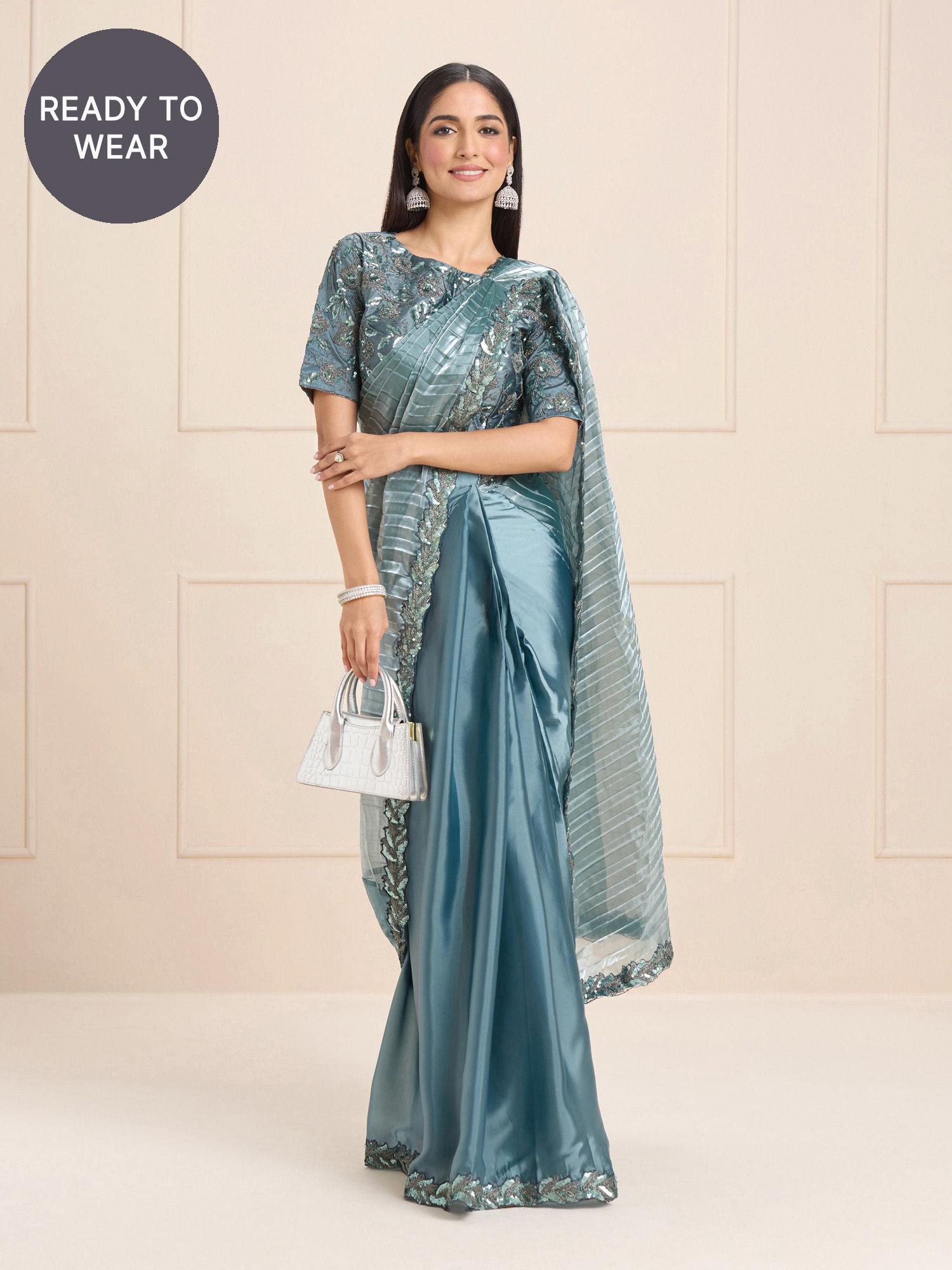 blue organza pre stitched embroidered party saree & semi-stitched blouse