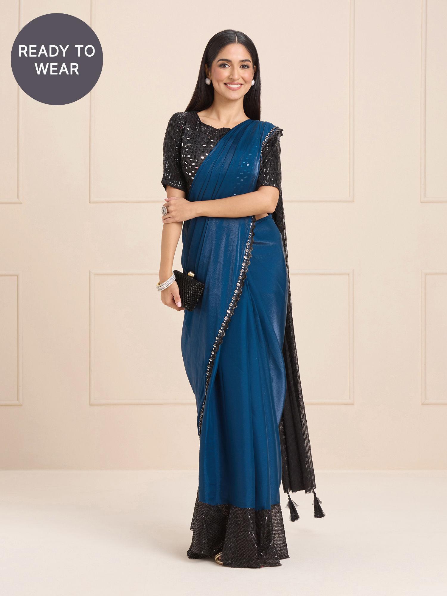 blue organza pre-stitched mirror work party saree & semi-stitched blouse