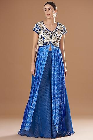 blue organza printed & embroidered anarkali set