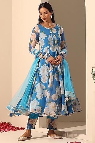 blue organza printed anarkali set