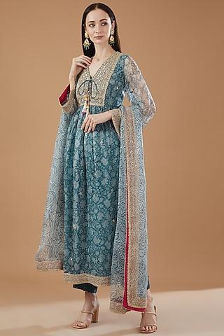 blue organza printed kurta set