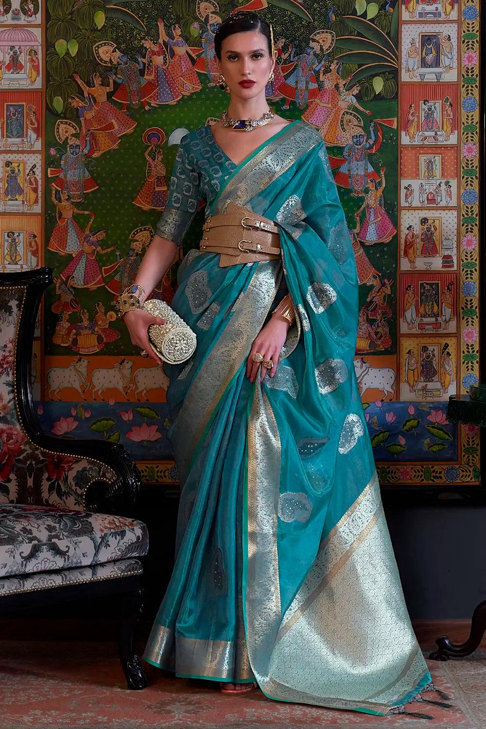 blue organza silk saree with handloom weaving work