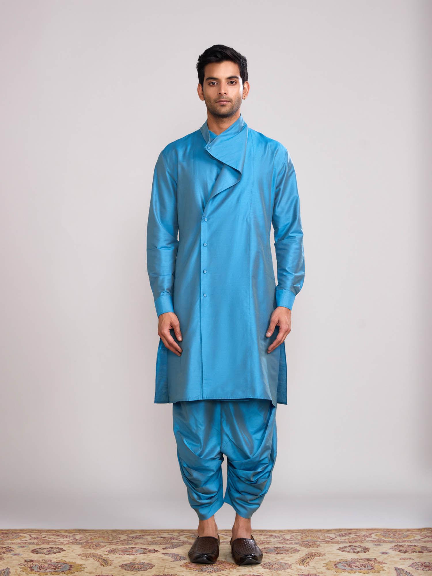 blue overlap draped neck kurta