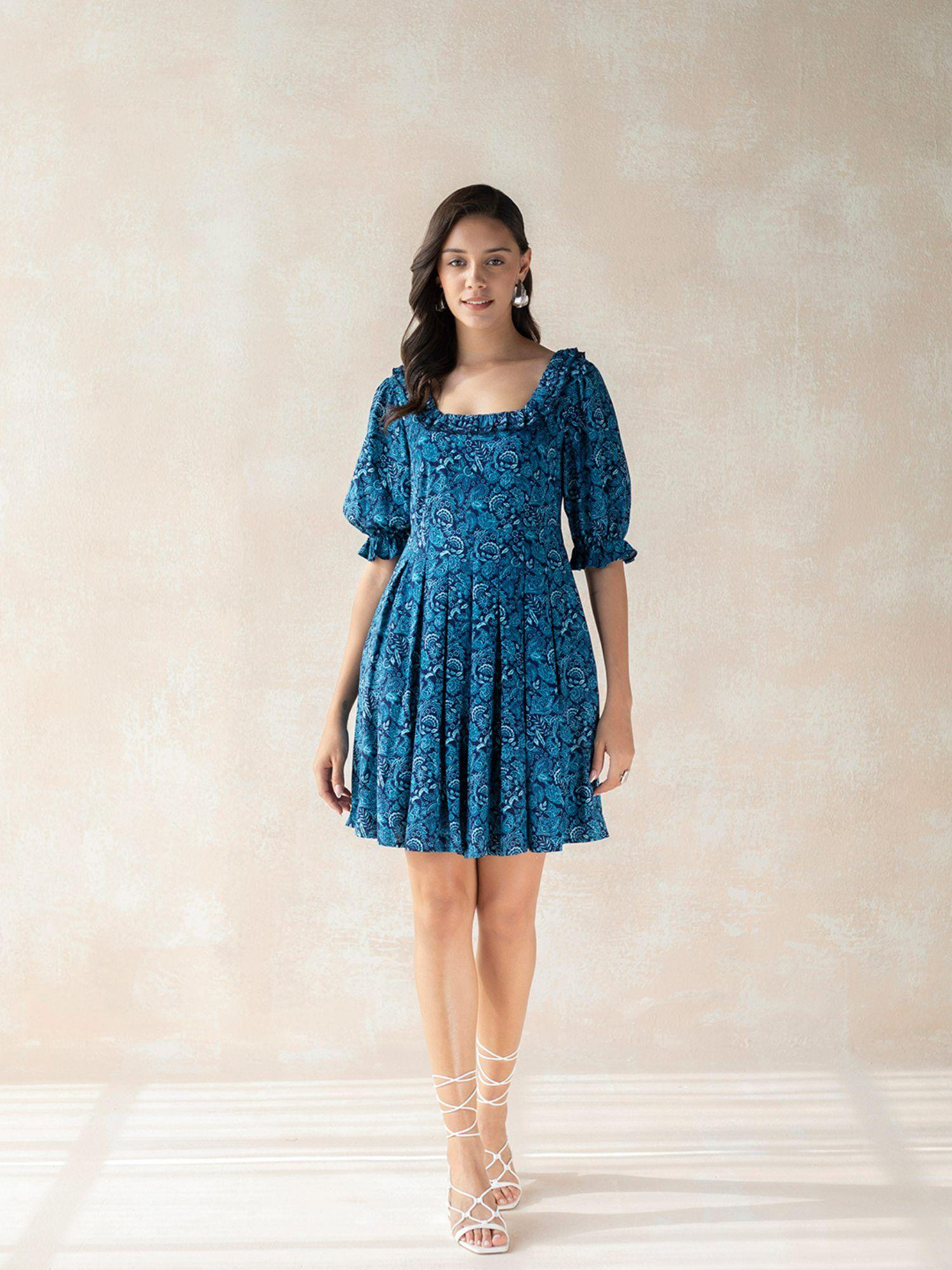 blue paisley frill detail mini dress