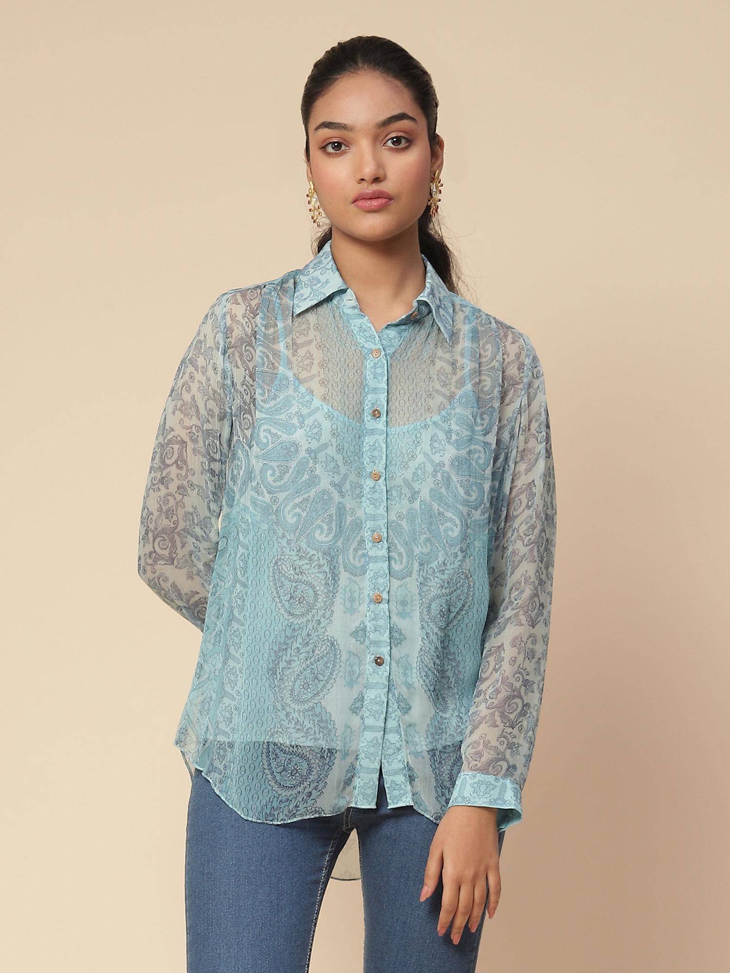 blue paisley print shirt with camisole (set of 2)