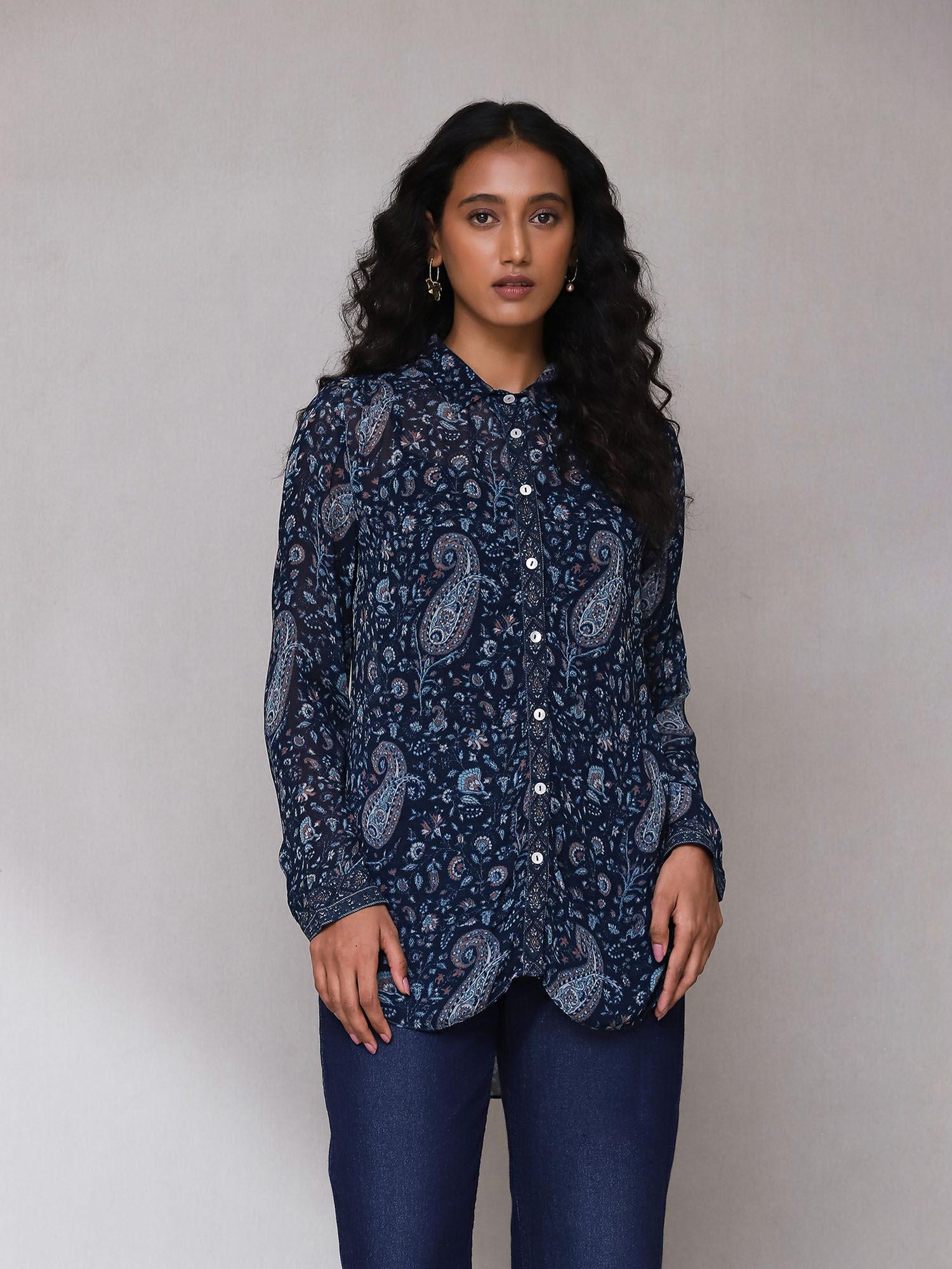 blue paisley print shirt with camisole (set of 2)