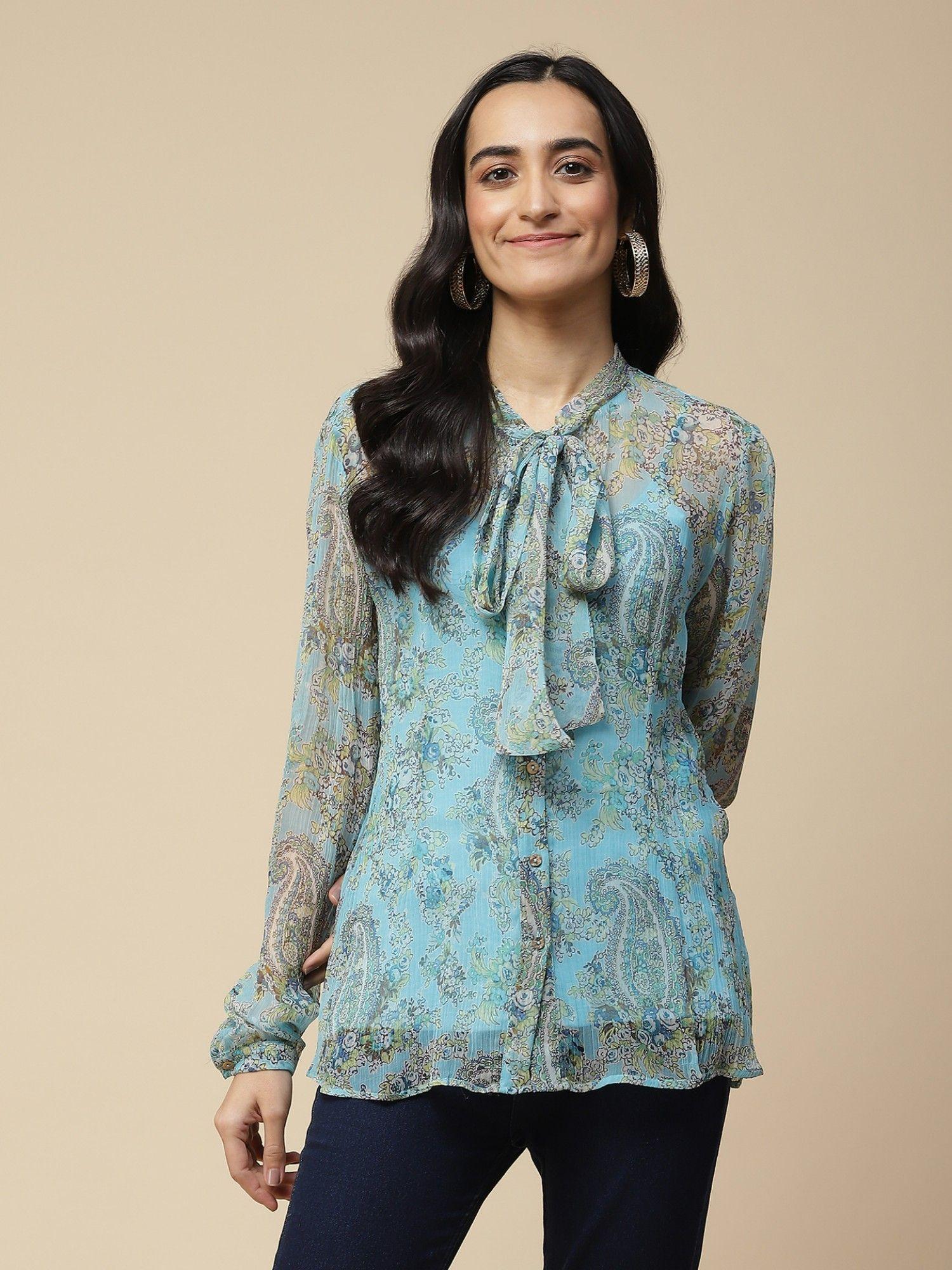 blue paisley print tie up shirt with inner (set of 2)