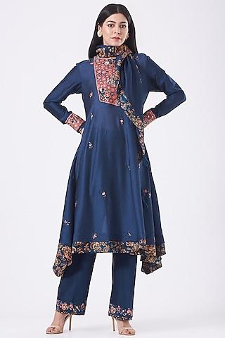 blue pakistani chanderi embroidered kurta set