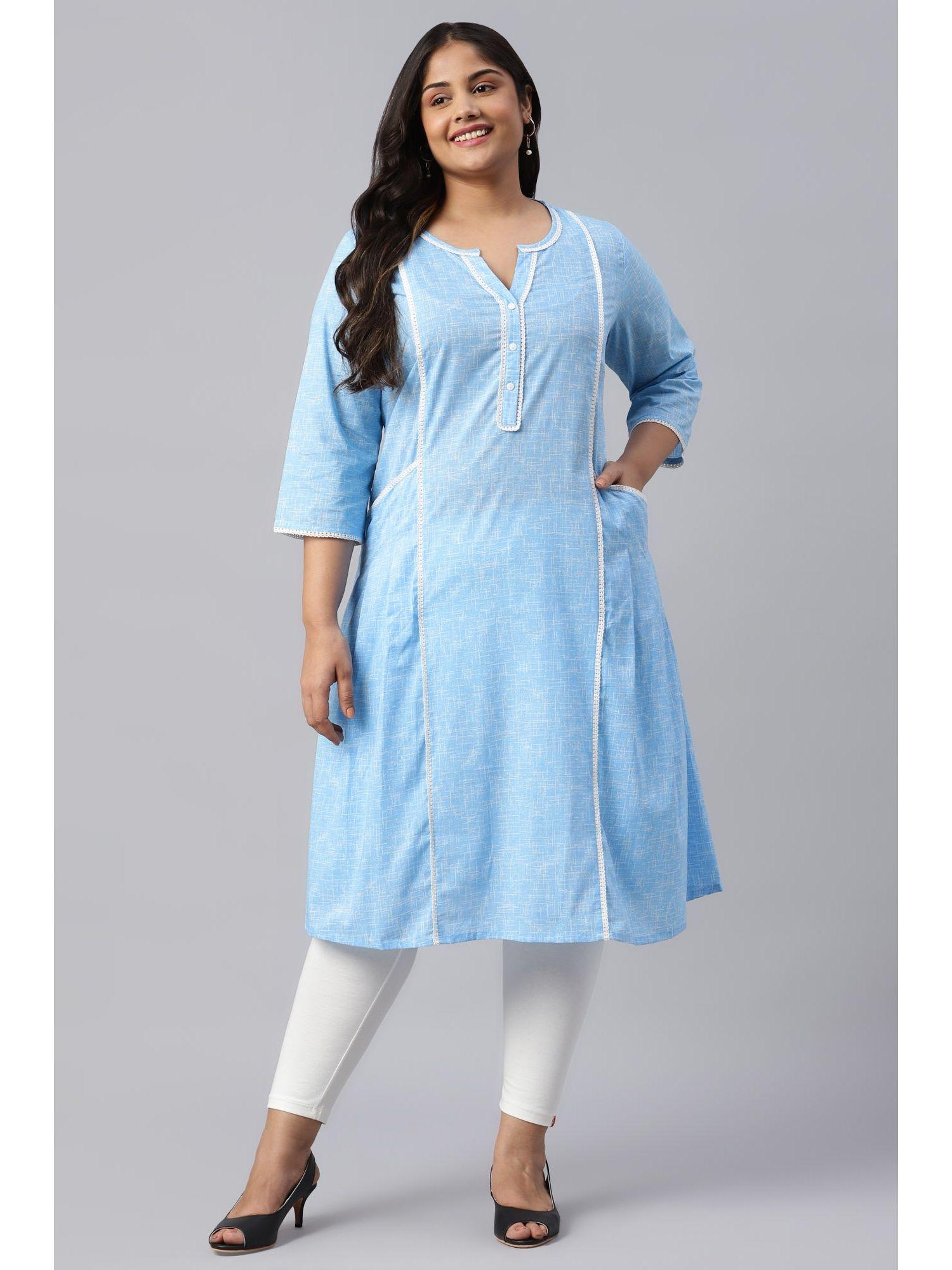 blue panelled cotton plus size kurta