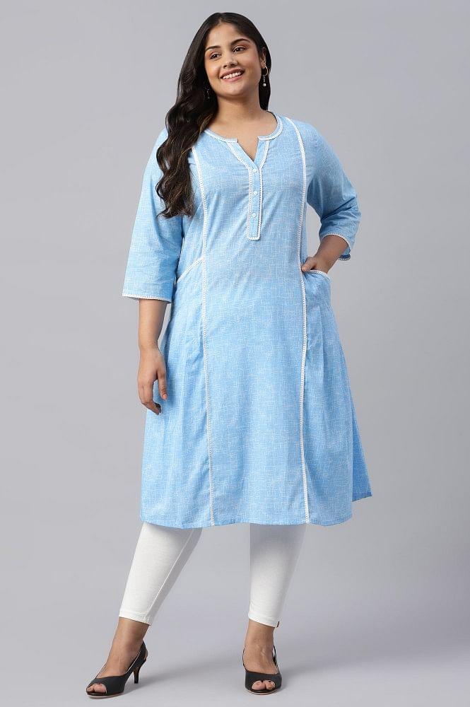 blue panelled cotton plus size kurta