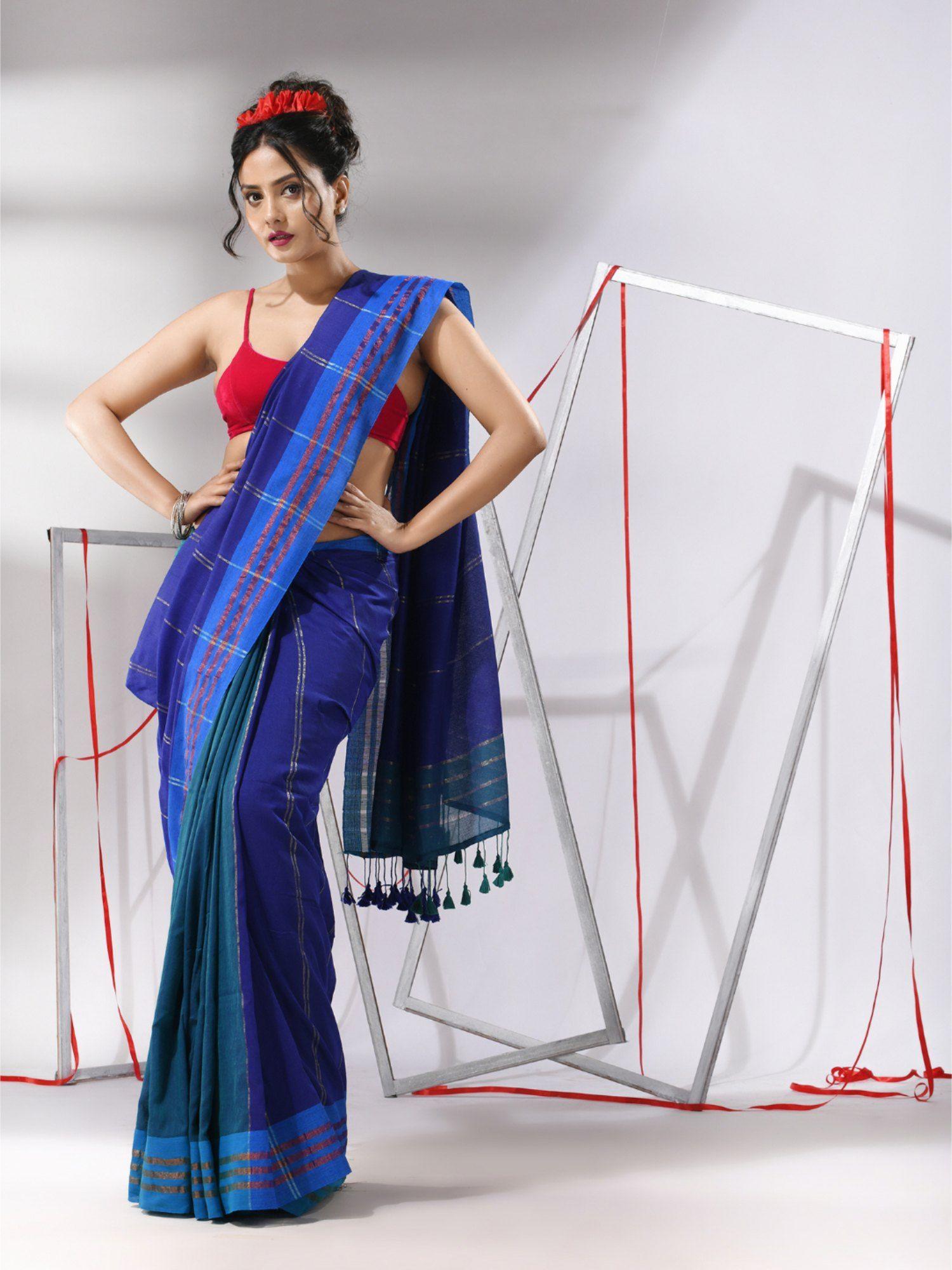 blue patli pallu cotton zari stripes design saree with unstitched blouse