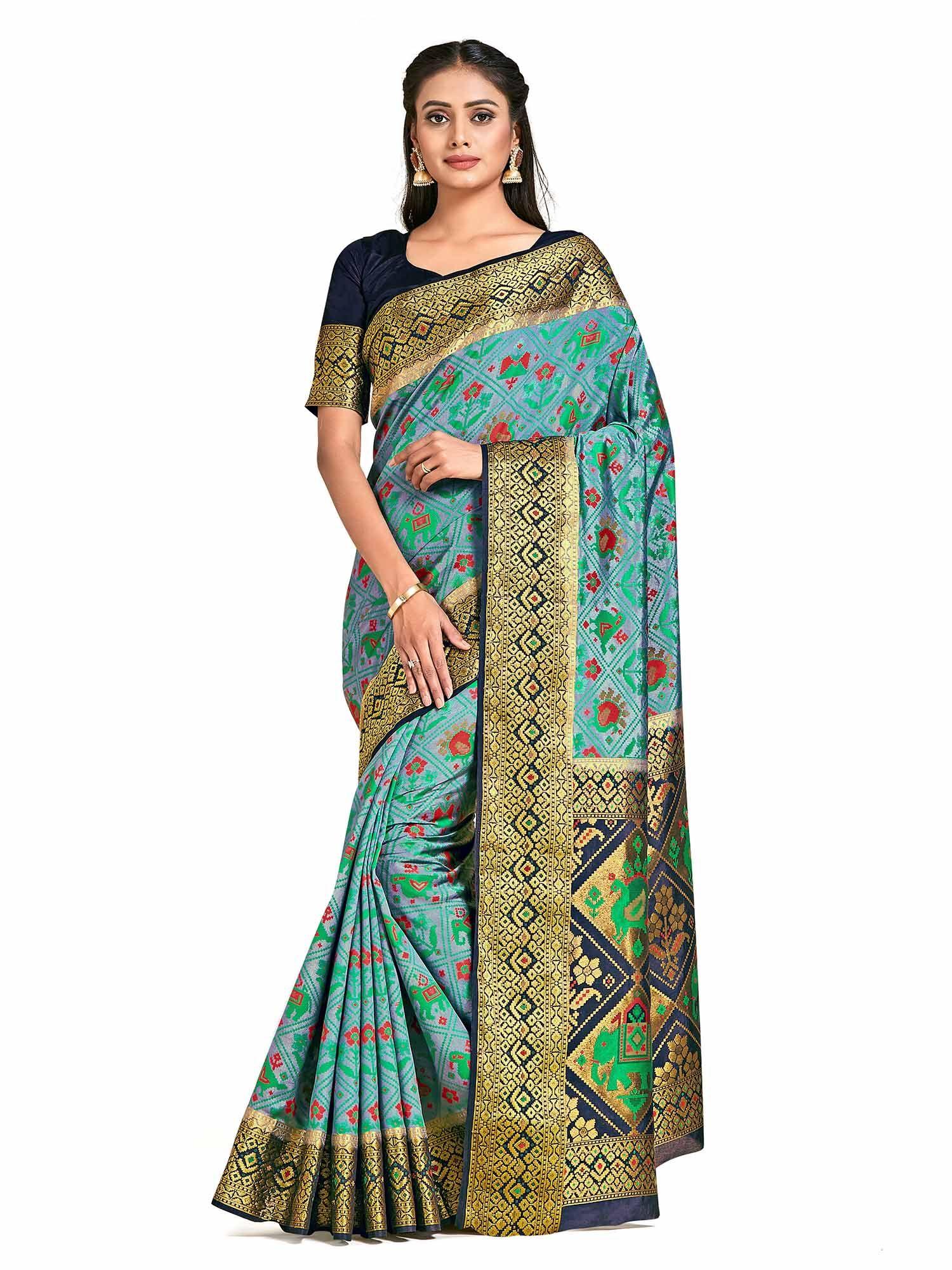 blue patola style art silk saree with unstitched blouse