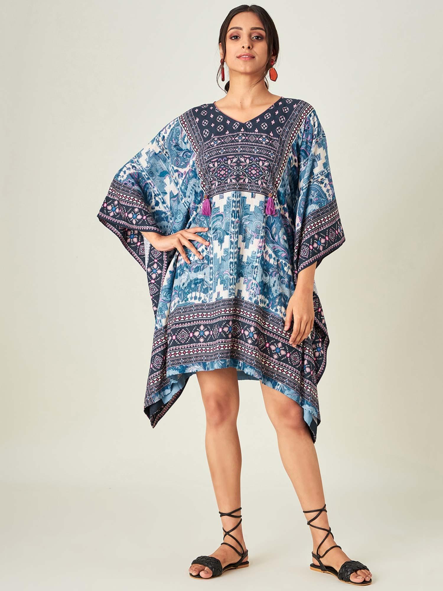 blue patterned boho ikkat resort kaftan