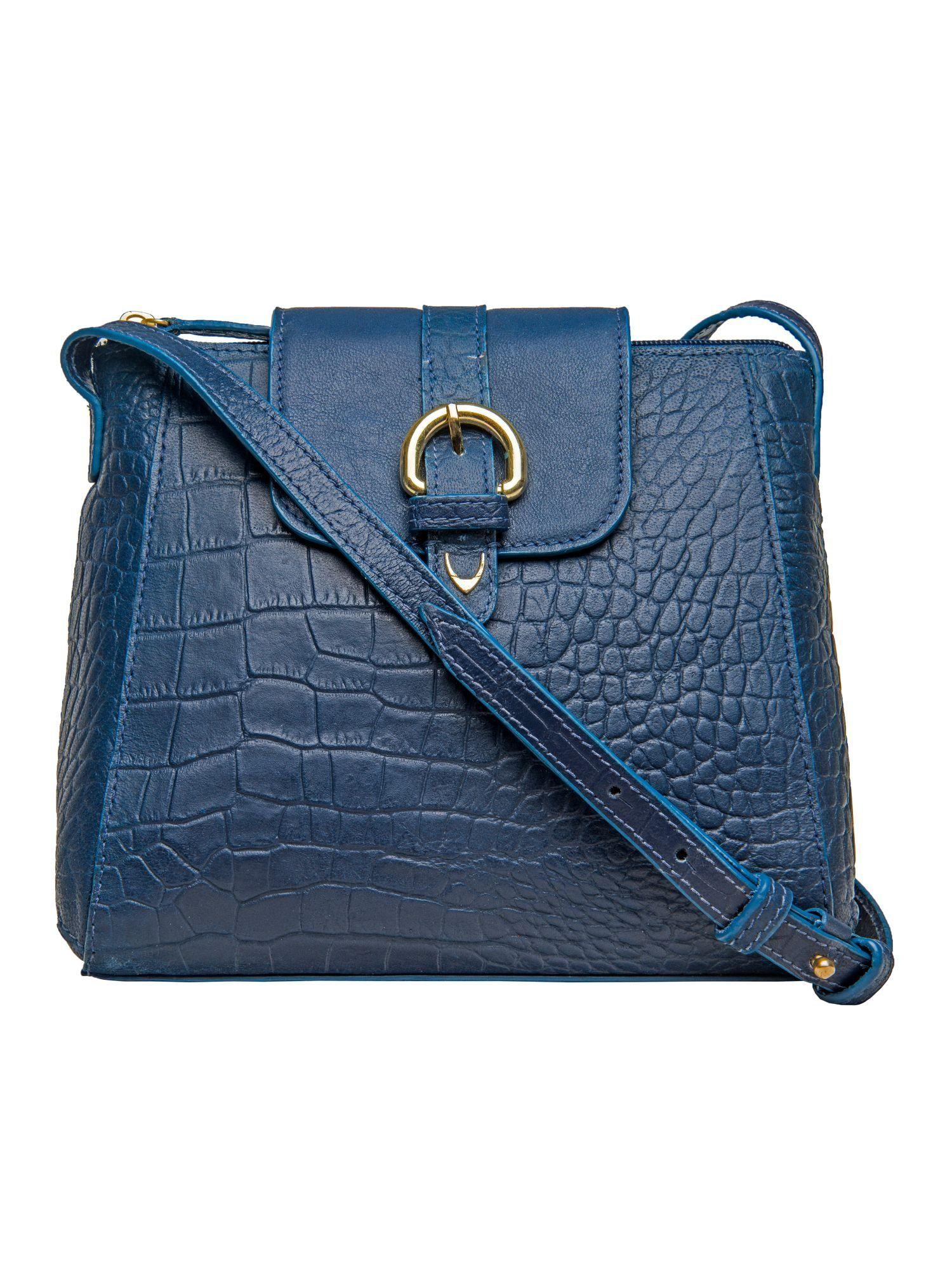 blue patterned sling bag