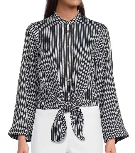 blue pinstripe banded collar front-tie top