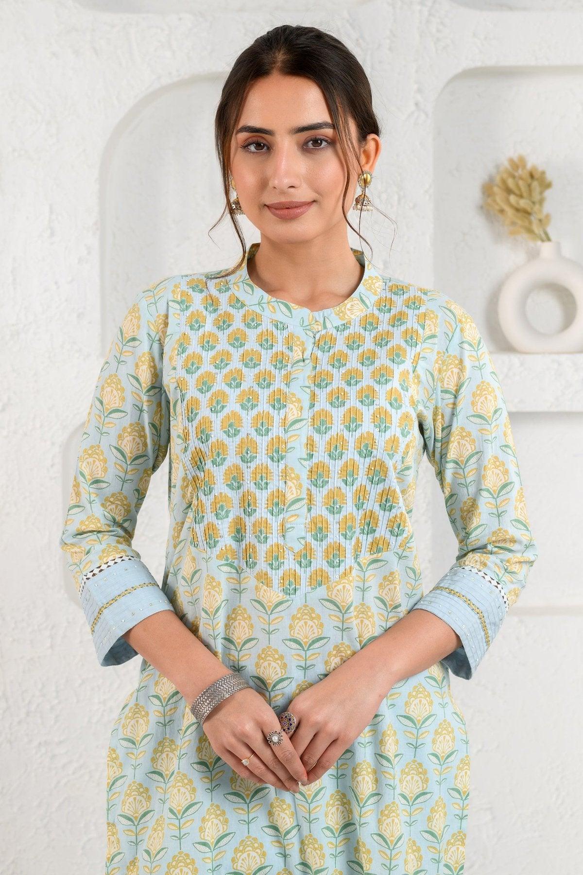 blue pintucked yoke kurta