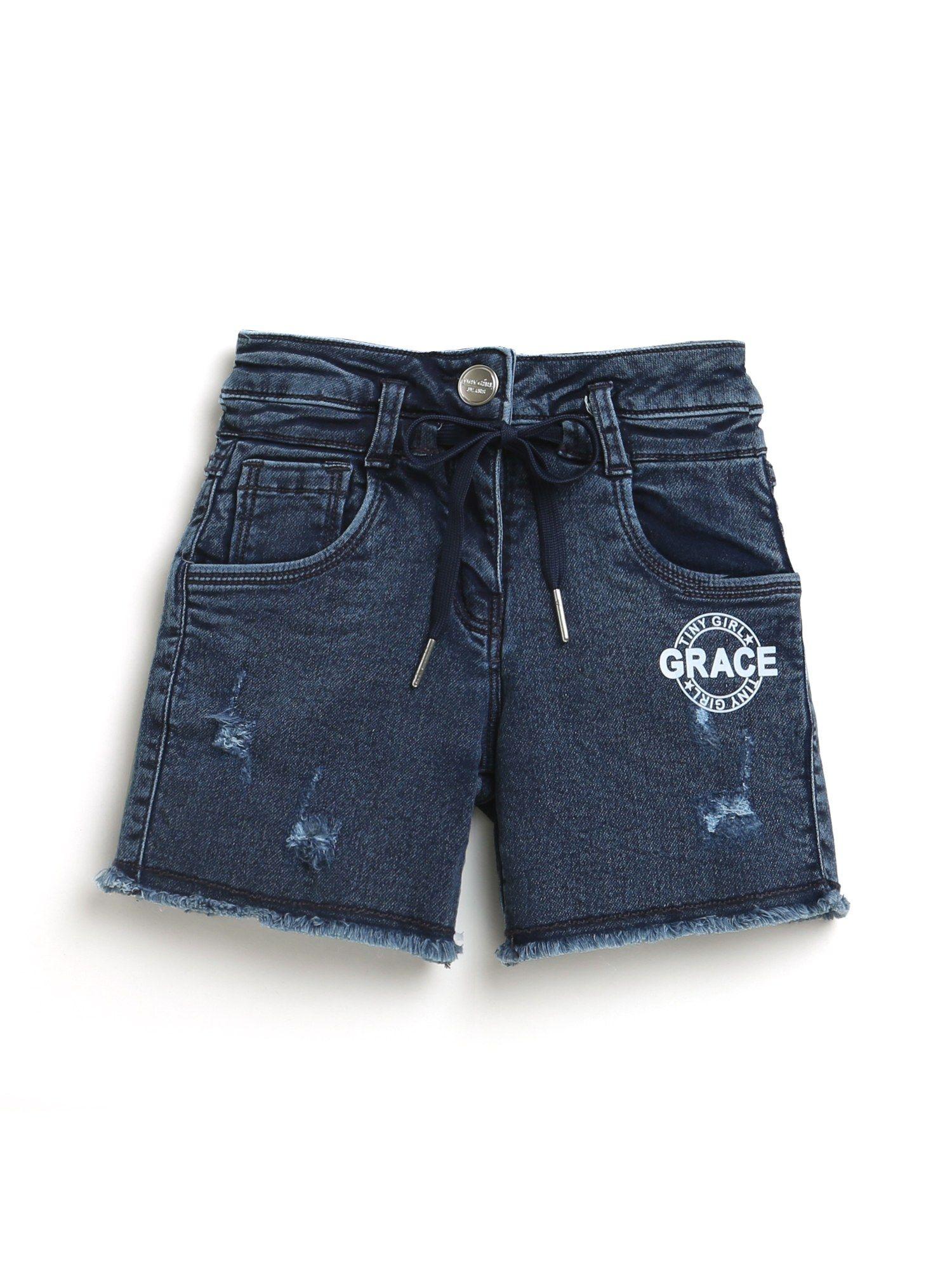 blue placement printed and distressed shorts