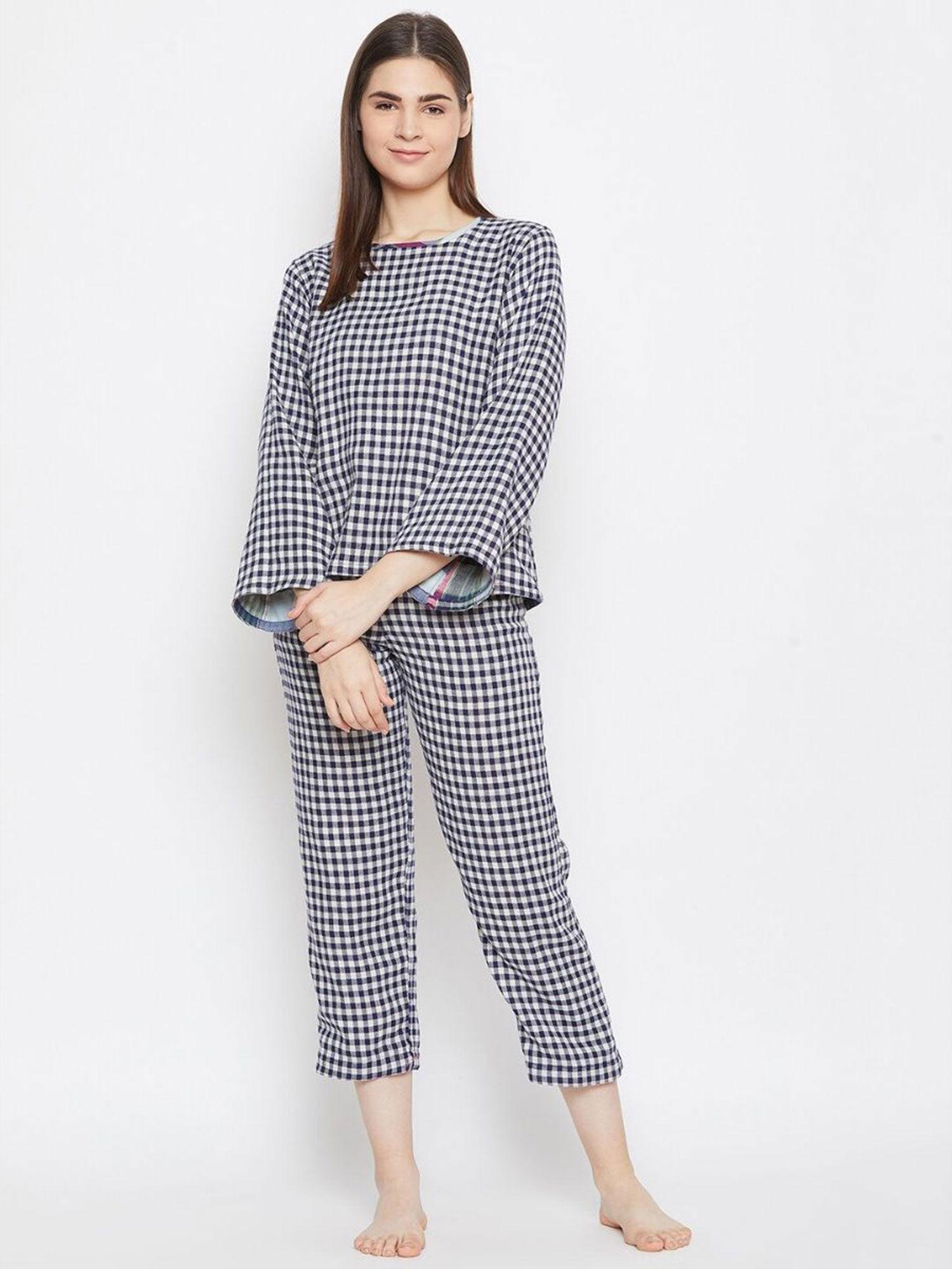 blue plaid cotton top and pyjama (set of 2)