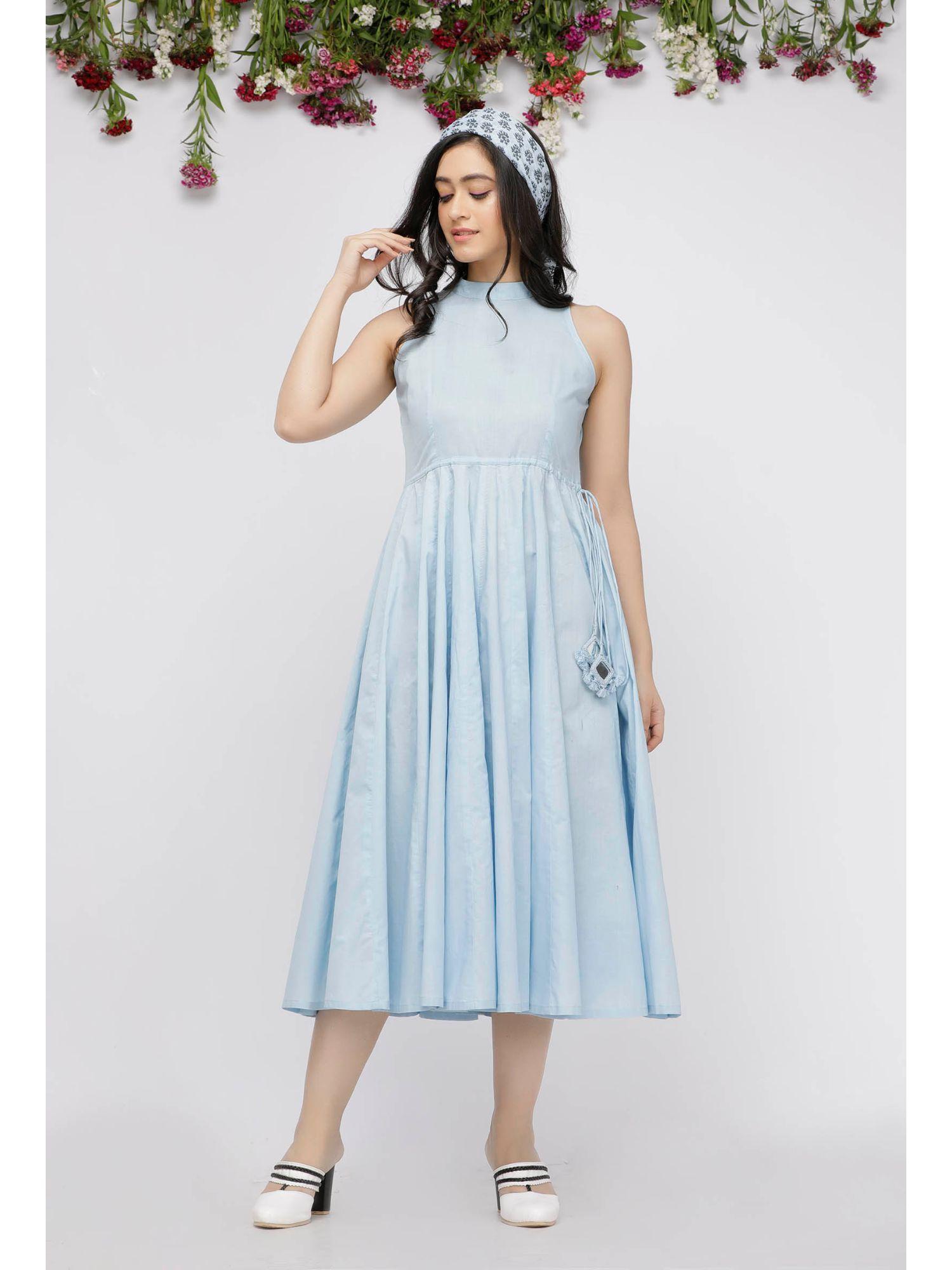 blue plain cotton tasselled dress