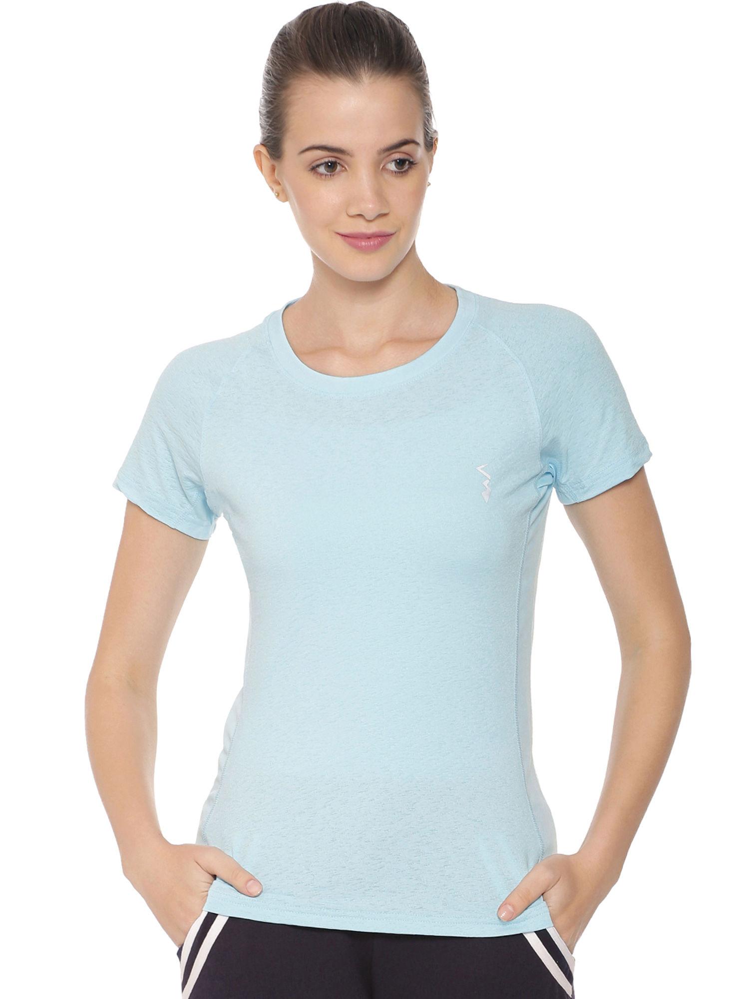 blue plain round neck jersey top