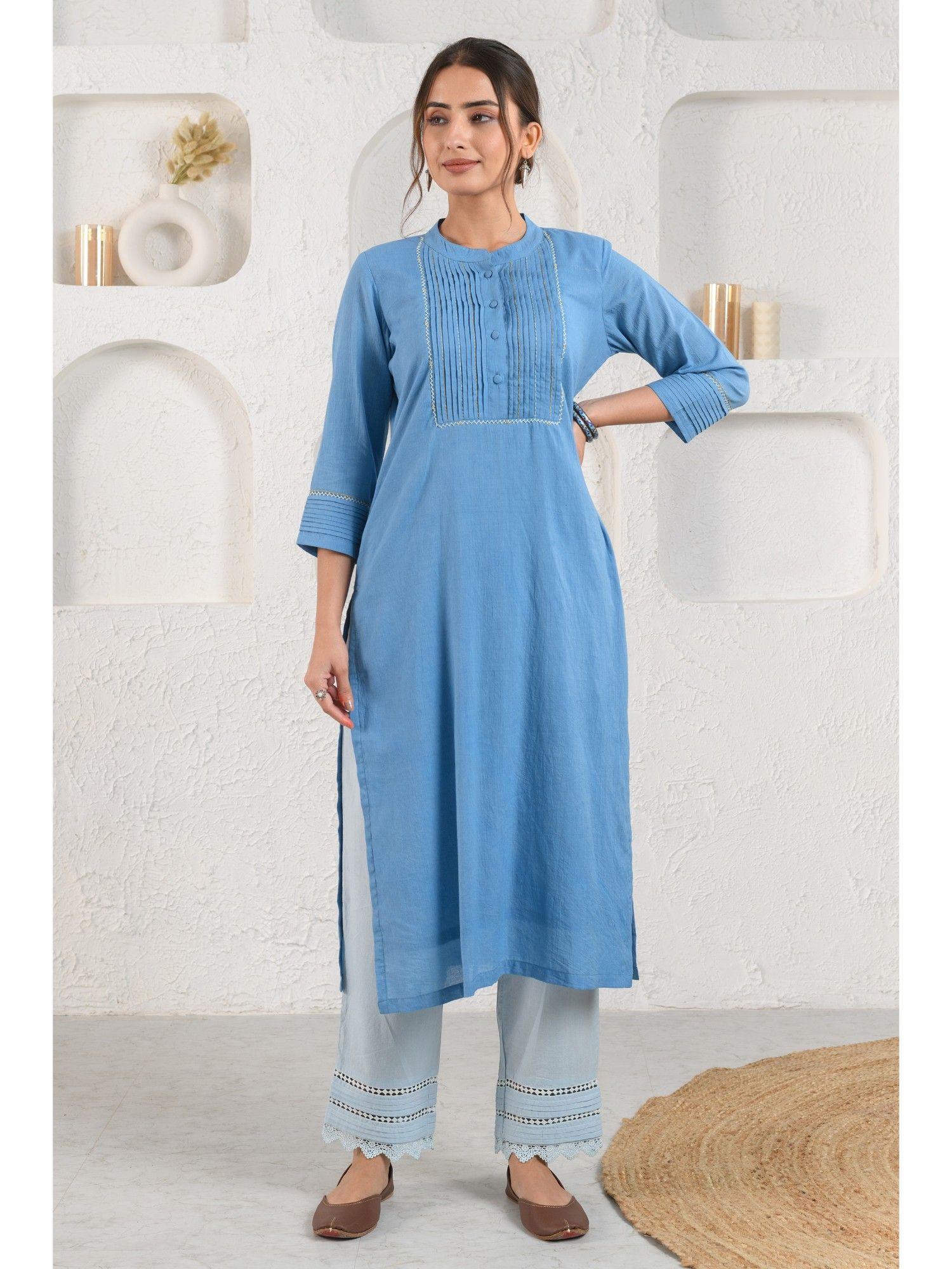 blue pleated dobby kurta