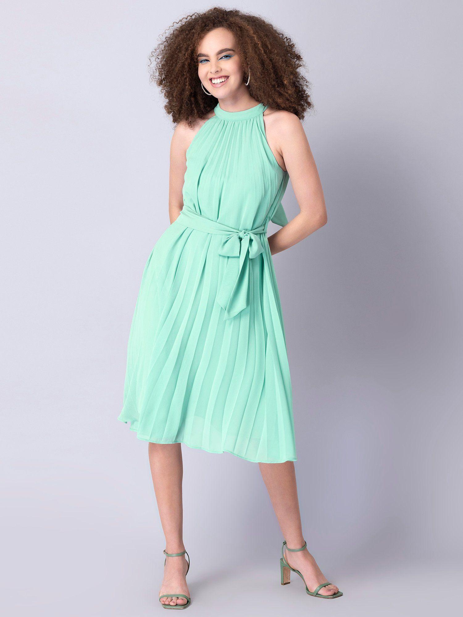 blue pleated halter neck tie up belted dress