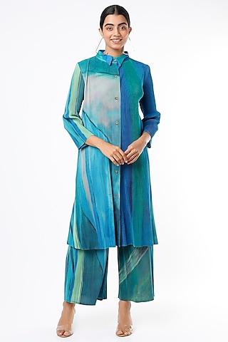 blue pleated polyester kurta set