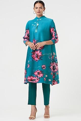 blue pleated polyester printed tunic set