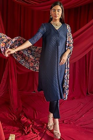 blue pleated polyester straight tunic set