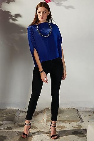 blue pleated polyester top