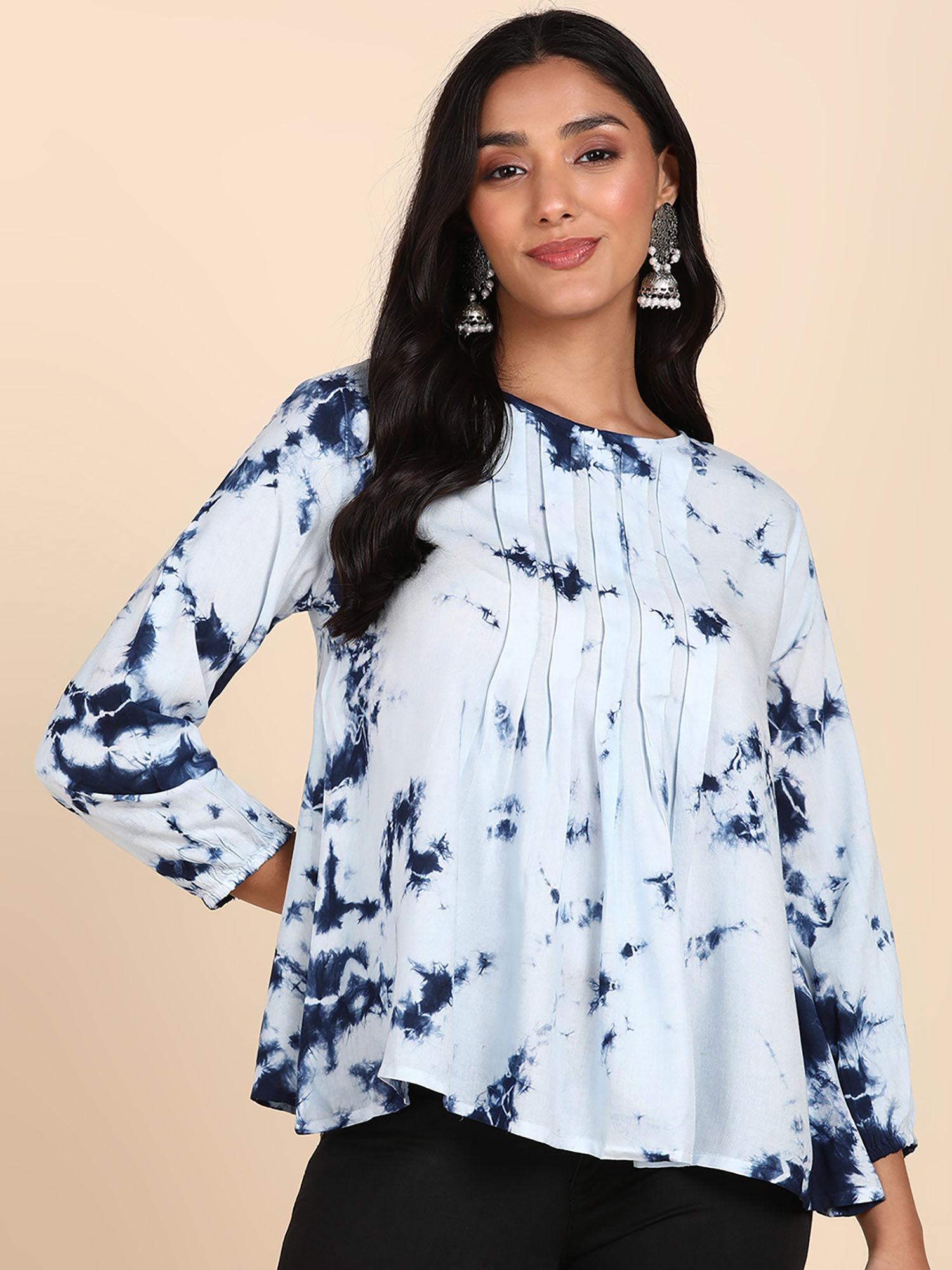 blue pleated rayon tie dye top