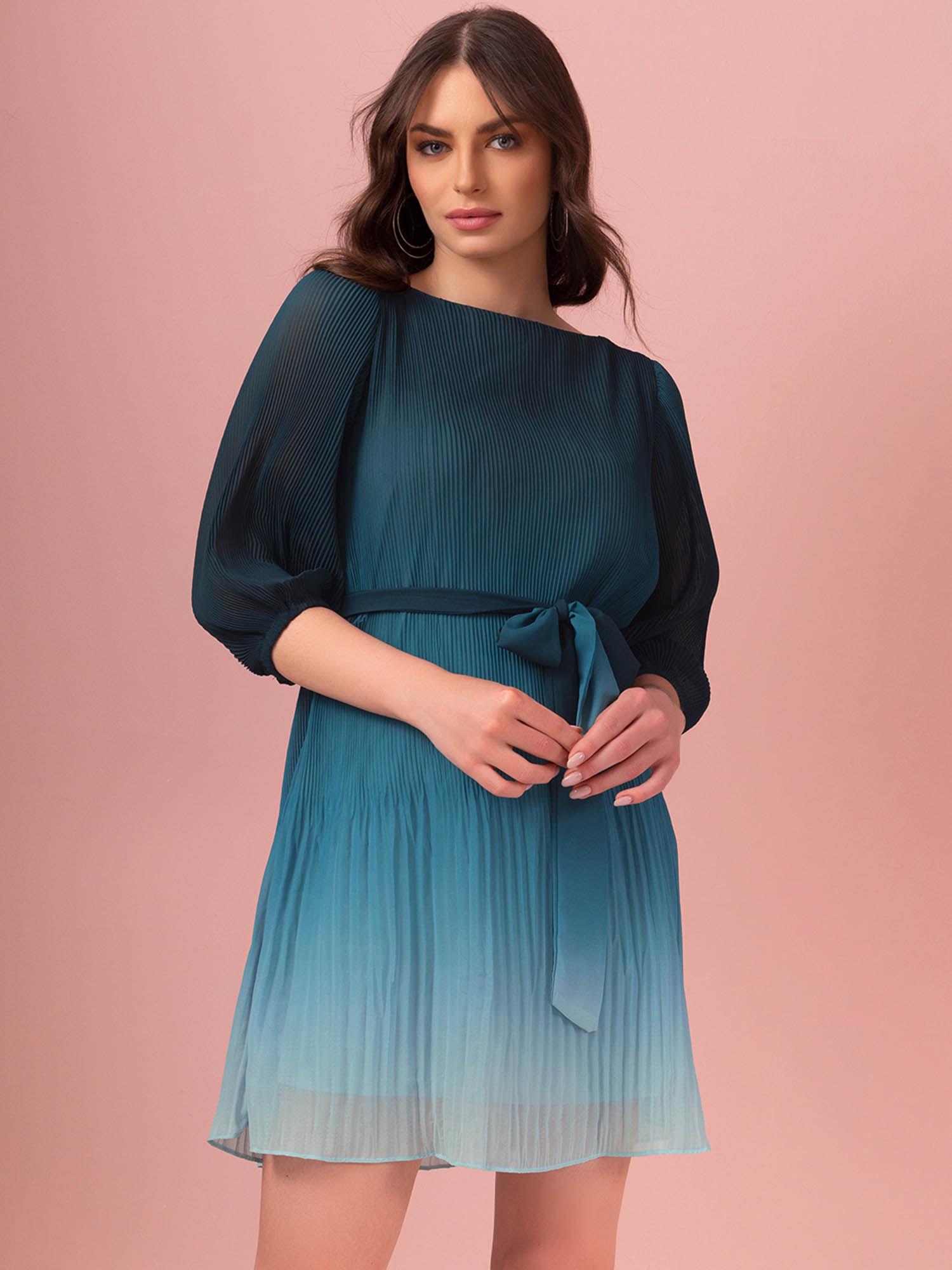 blue pleated shift dress with belt (set of 2)