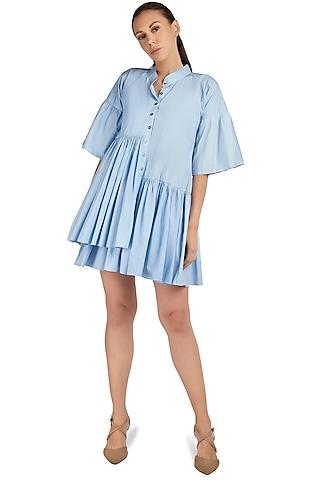 blue pleated shirt dress