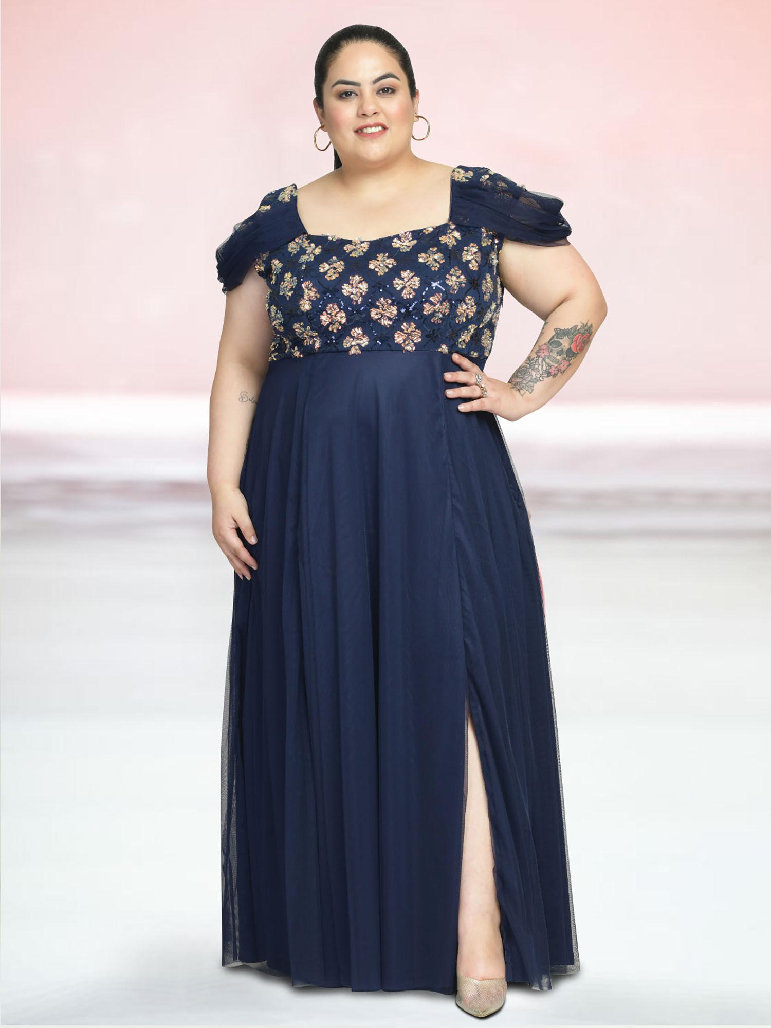 blue plus size cowl sleeve embellished curve gown