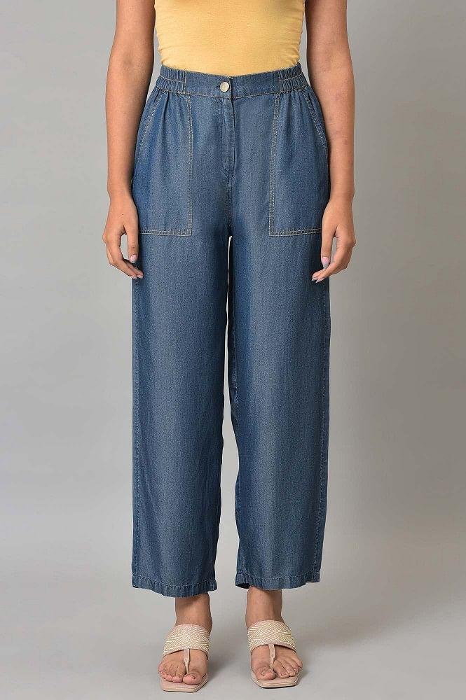 blue plus size denim narrow pants