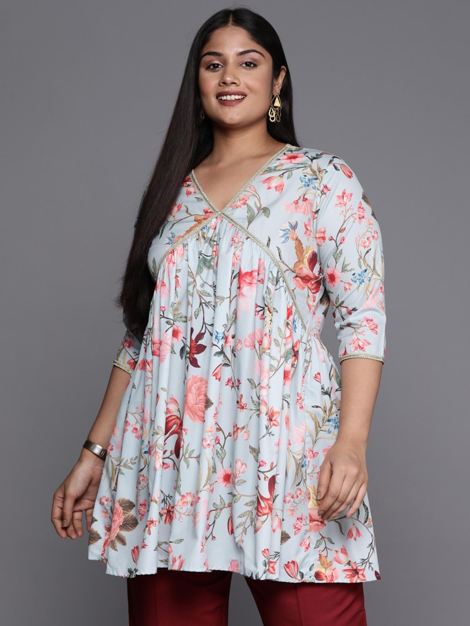 blue plus size floral printed tunic