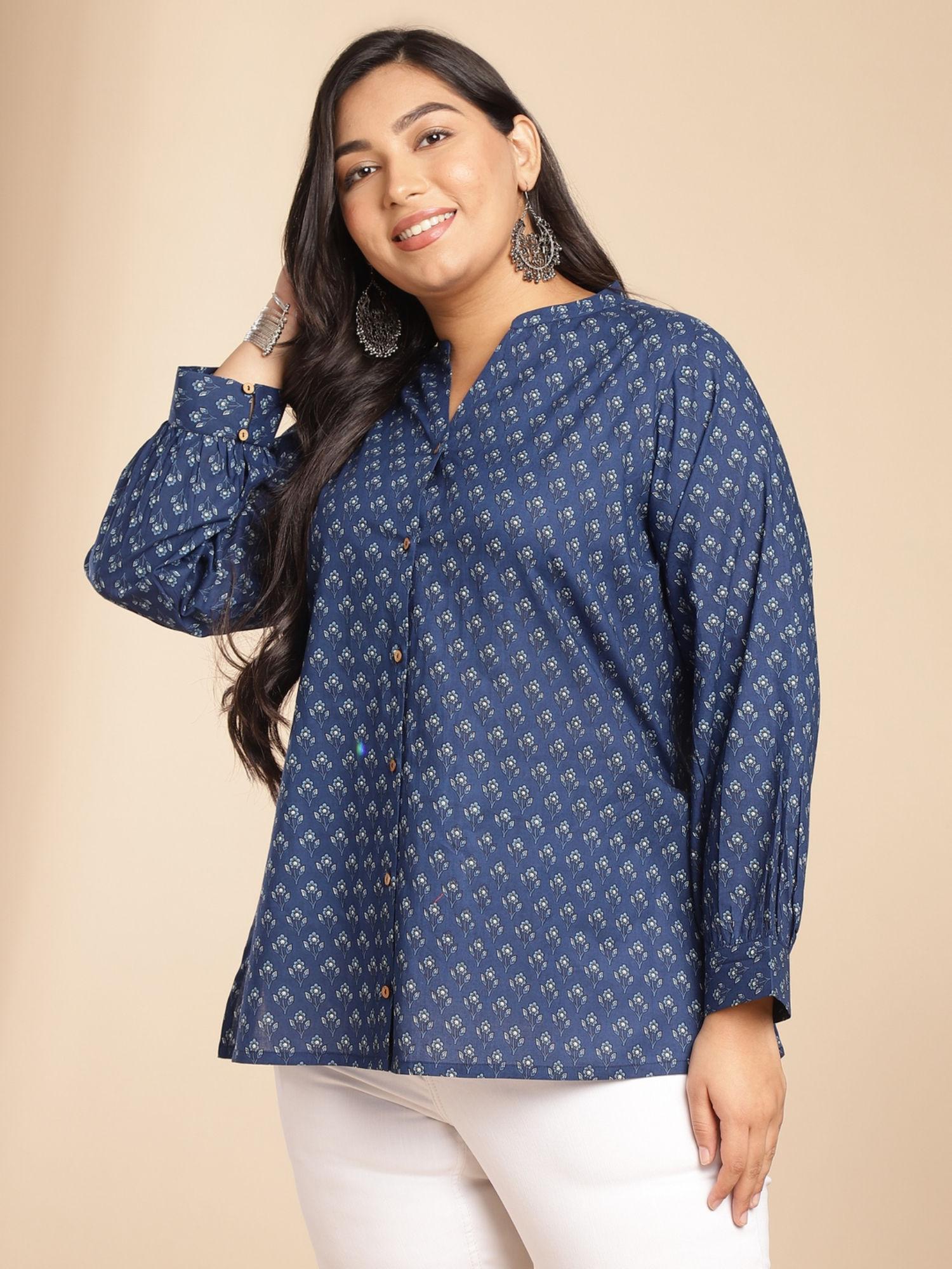 blue plus size indigo pure cotton floral printed regular kurti