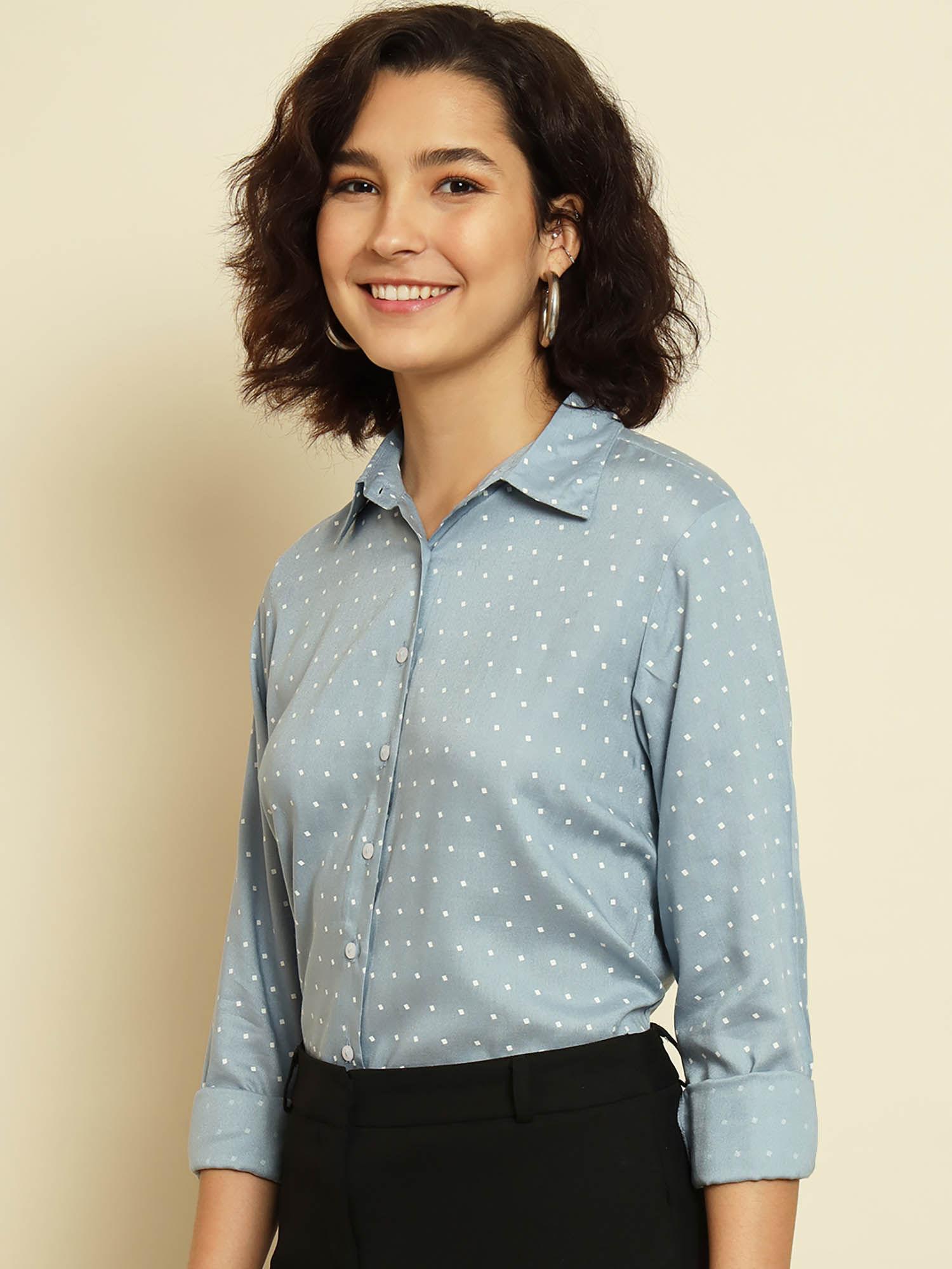 blue polka dot rayon shirt