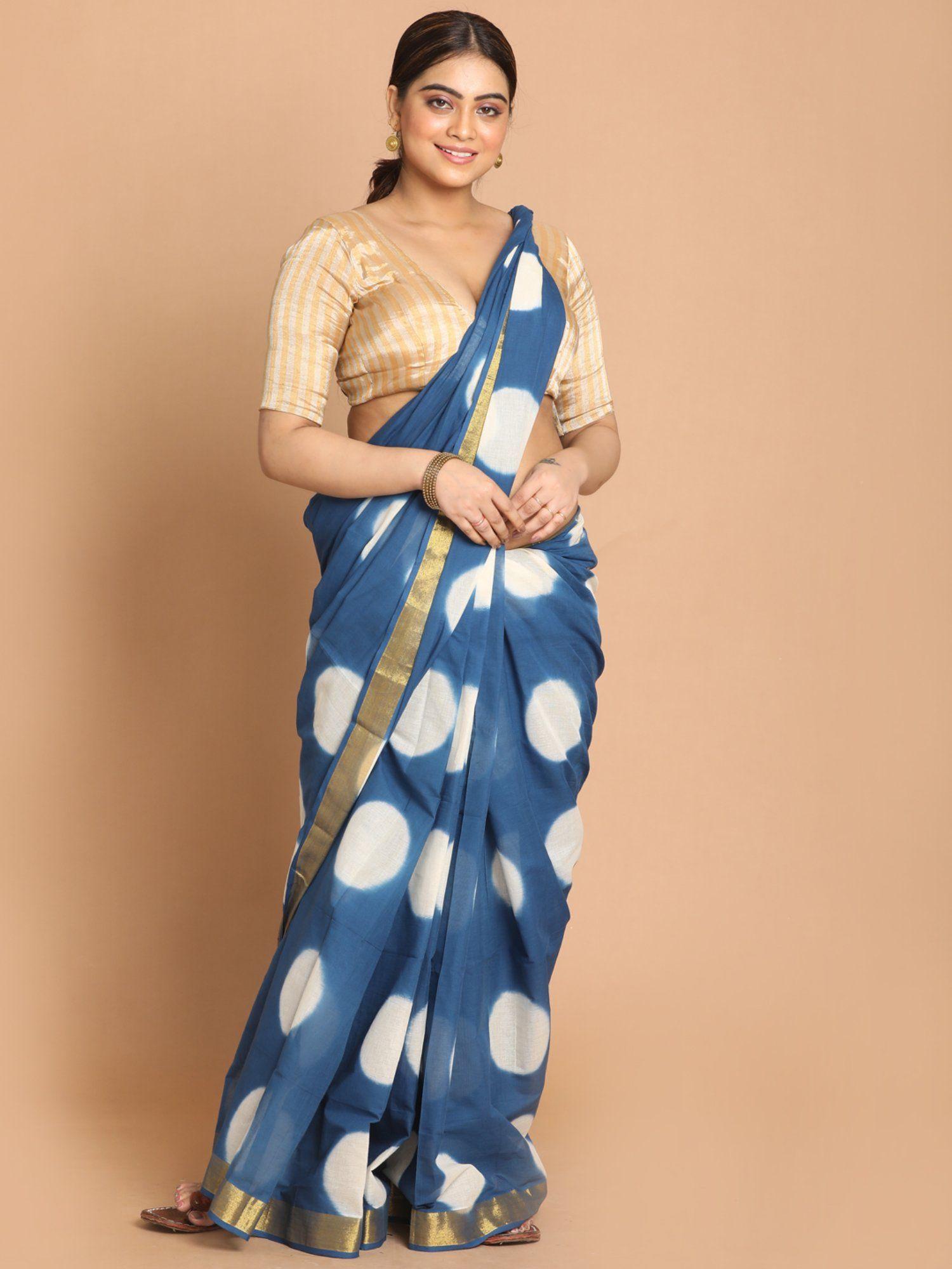 blue polka dots printed pure cotton saree with unstitched blouse