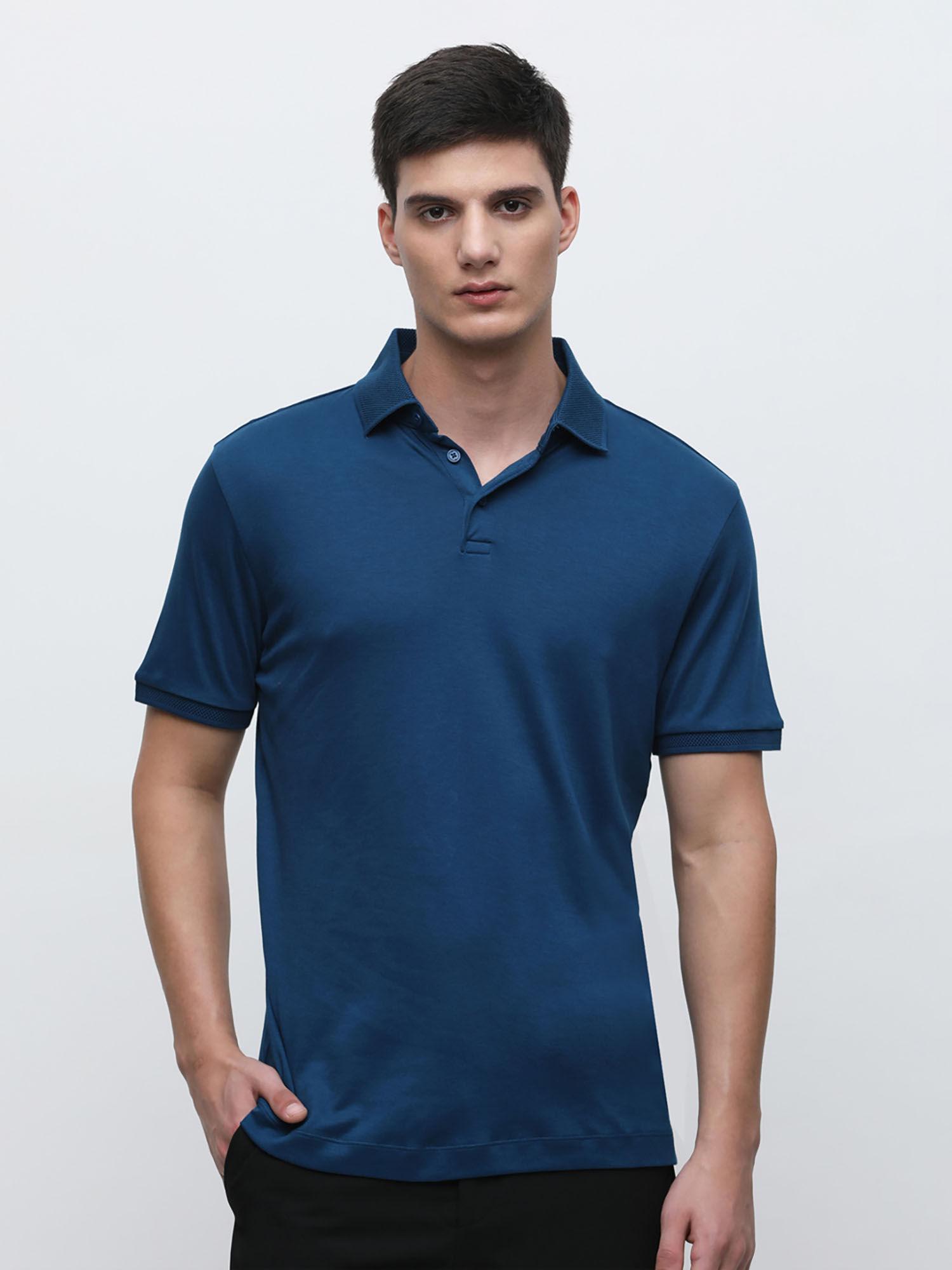 blue polo neck t-shirt