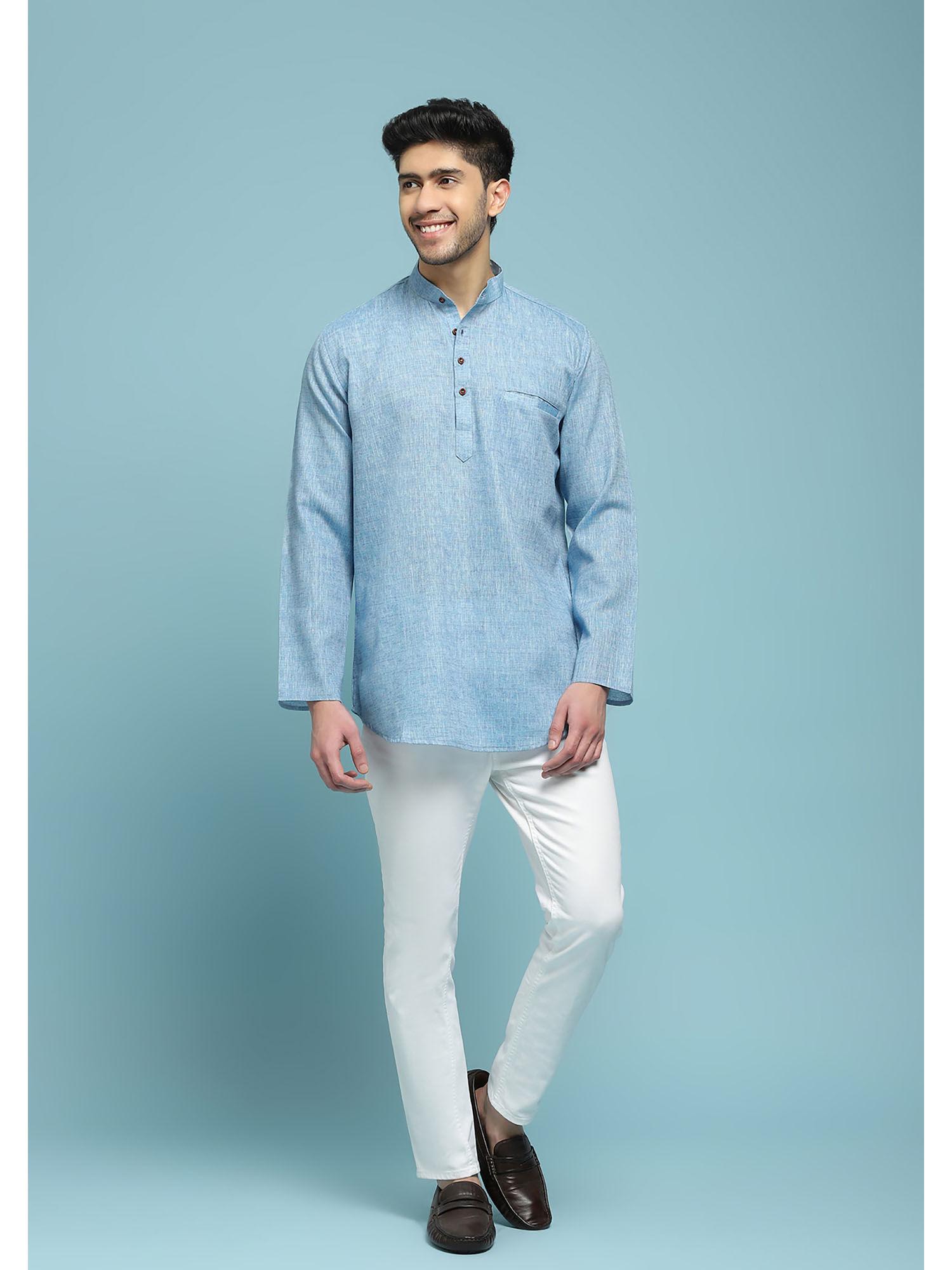 blue poly cotton men's short kurta